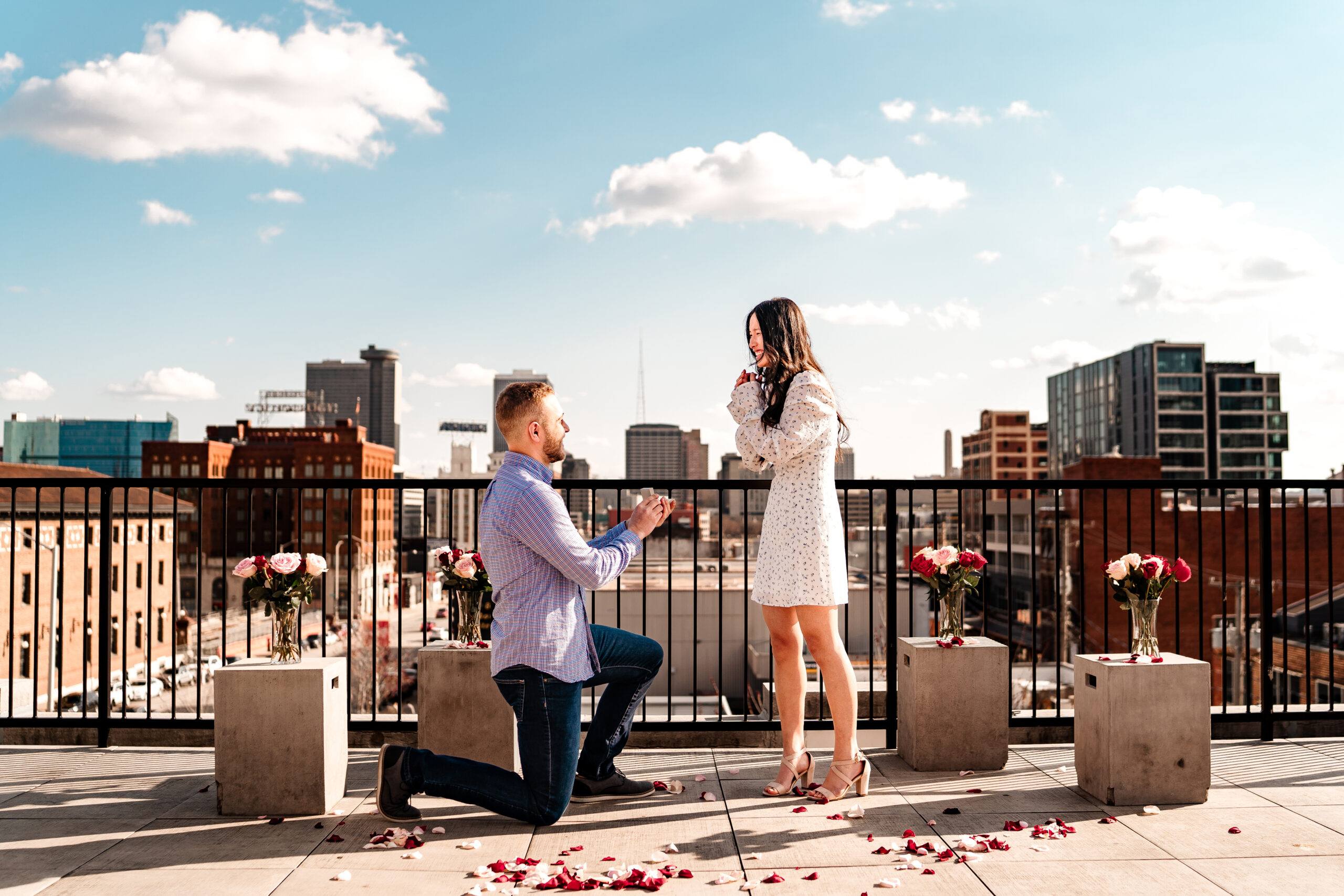 Couples proposal on Messenger Coffee rooftop in Kansas City