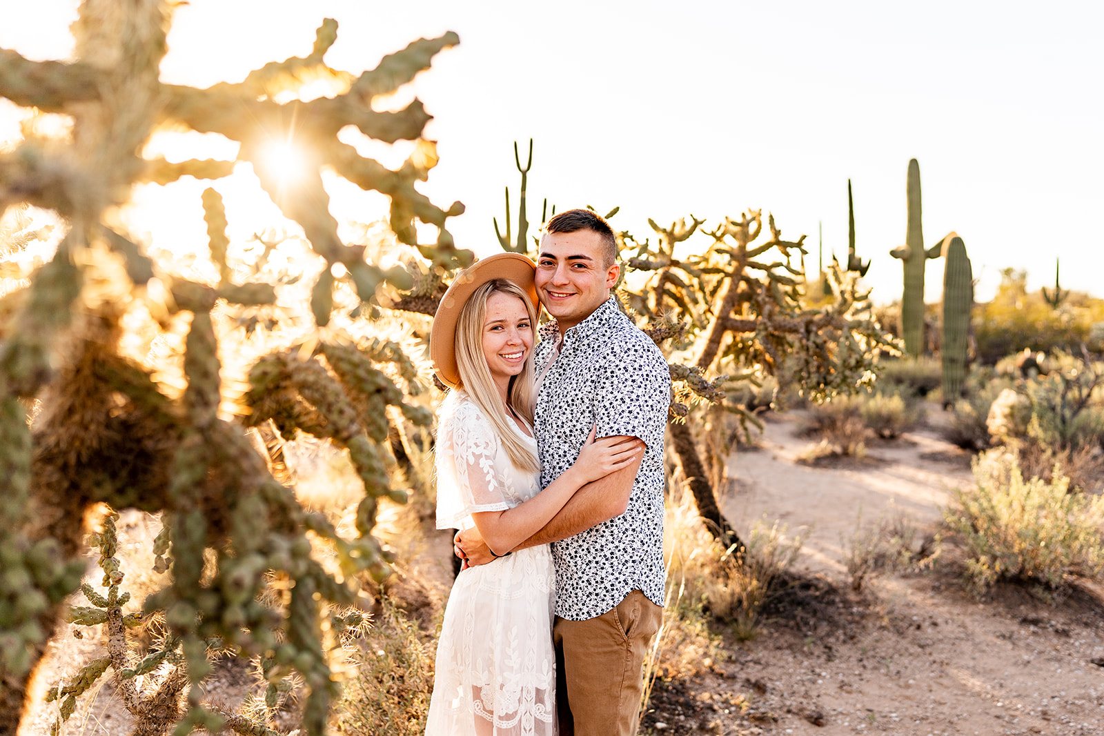 couple hugging for their Sabino Canyon engagement session photos