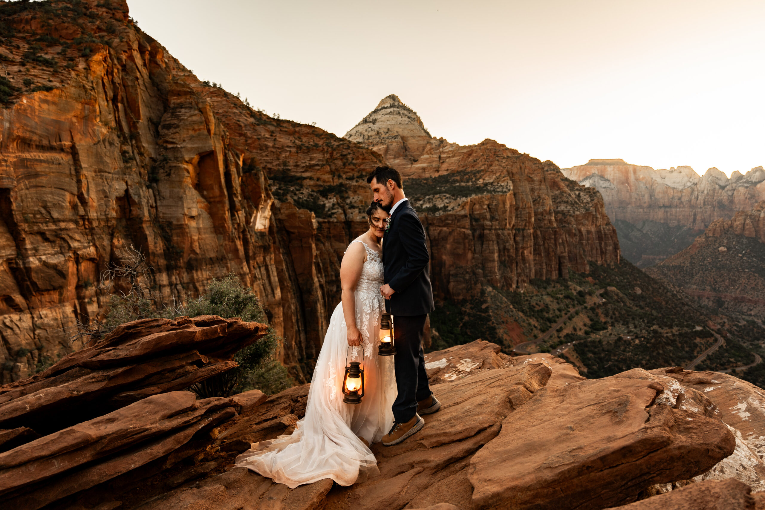 couple eloping at canyon overlook at zion national park utah